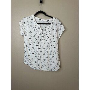 Sonoma Womens White Black Blouse Small short sleeve v-neck rayon pull over‎